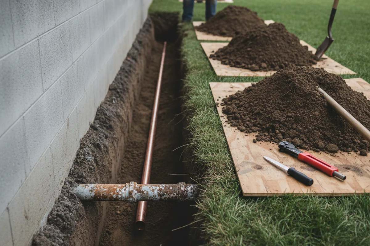 Excavated water line trench during Water Softener Installation in Coram